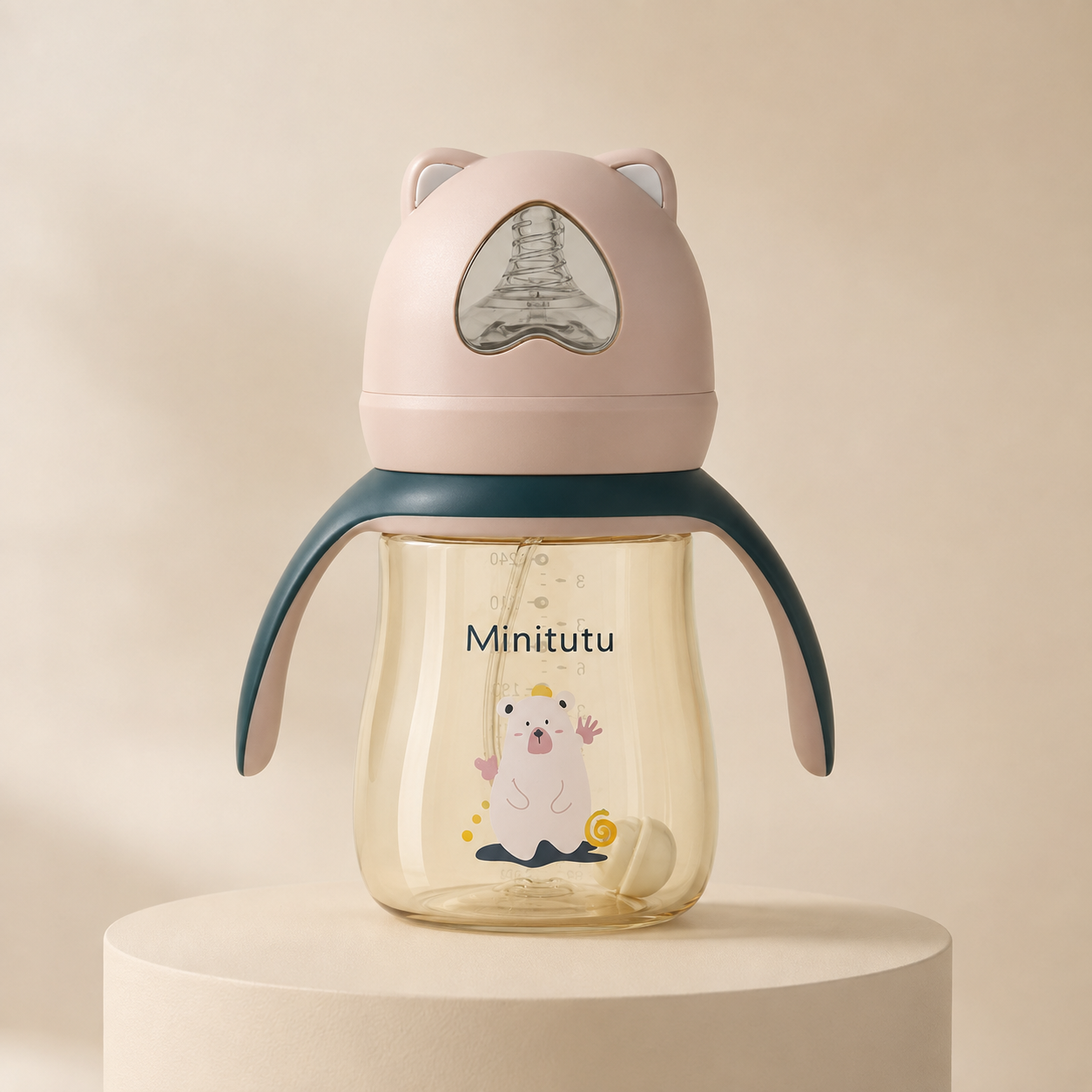 Minitutu Bear PPSU Feeding Bottle 240ml | BPA-Free Baby Bottle with Handles for 9+ Months | Pink CB805-2